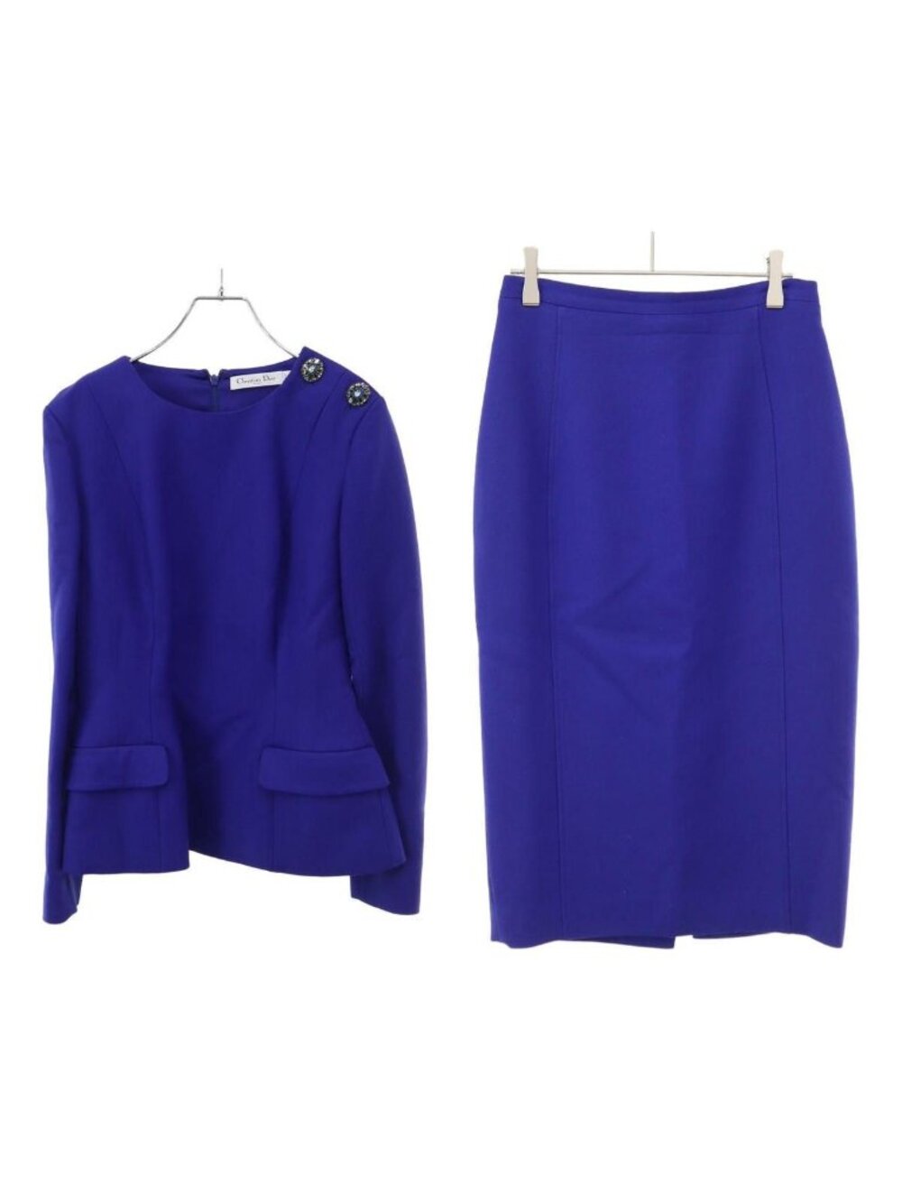 Dior Flower Bijou Collarless Jacket &skirt Set Suit Blue